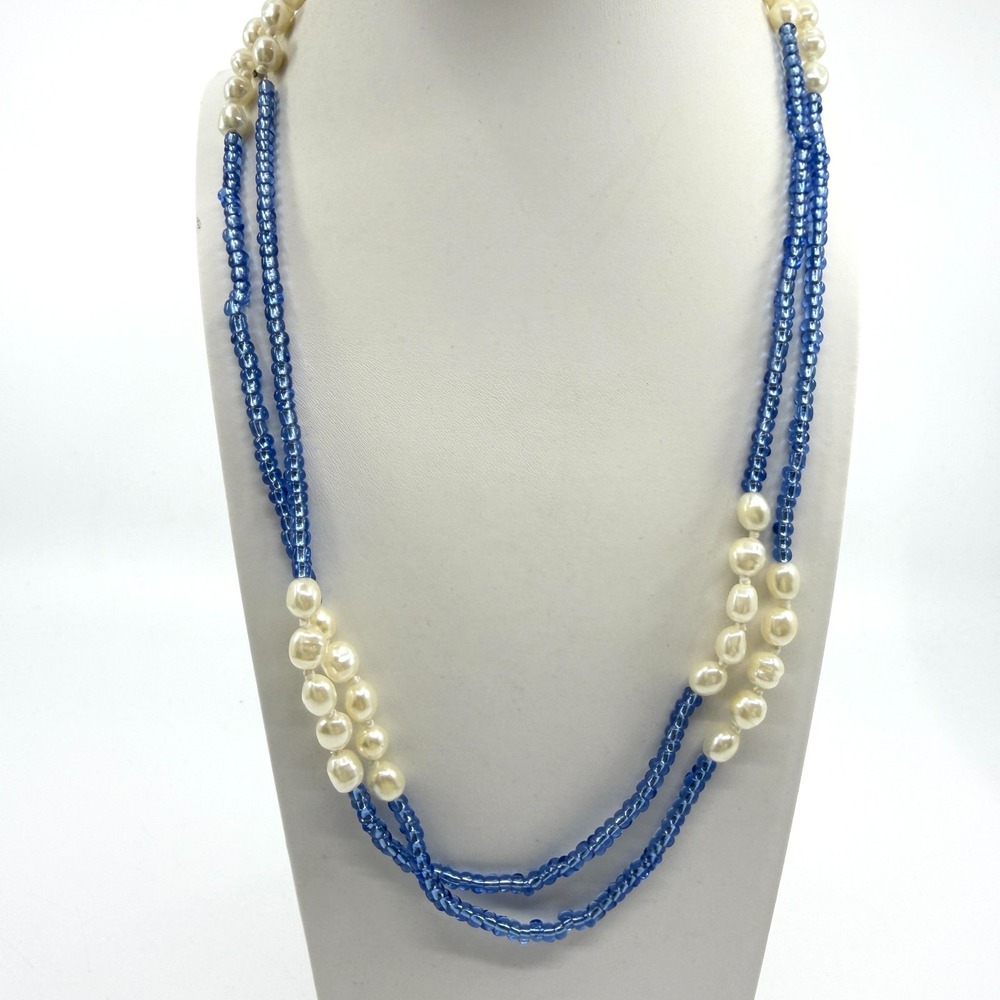 Boho Multi-Strand Blue Bead & Cream Pearl Statement Necklace